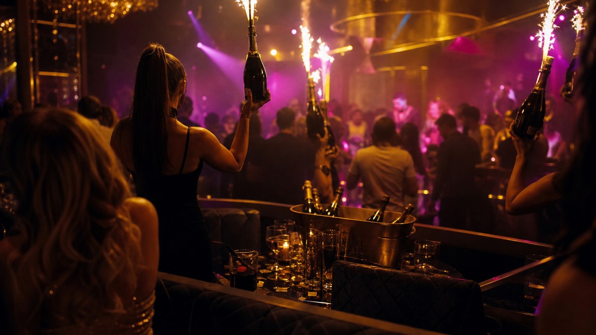 VIP table with bottle service sparklers inside a luxury Las Vegas nightclub