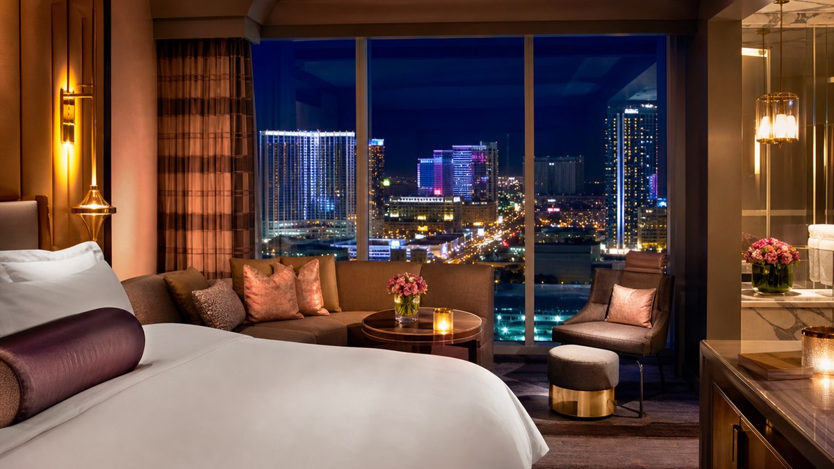 Luxury Las Vegas Strip hotel room at dusk with floor-to-ceiling windows overlooking the Strip lights