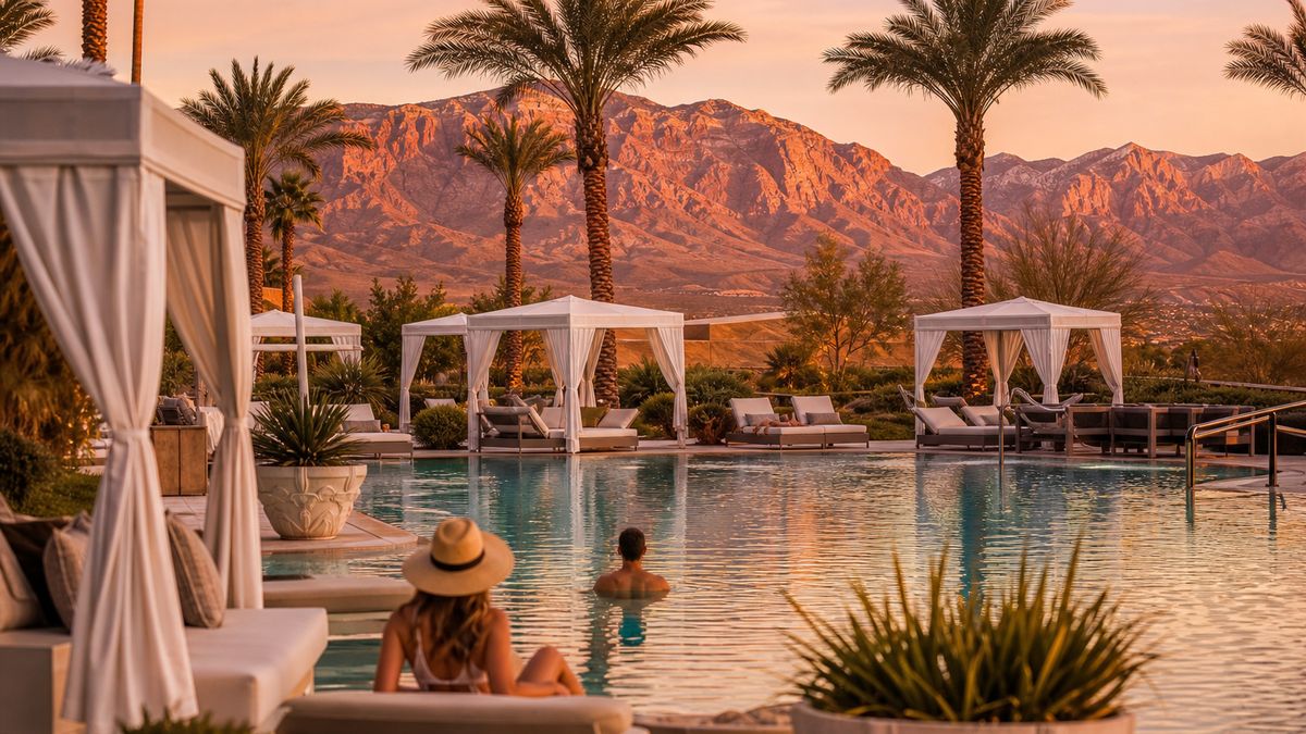 Upscale desert resort pool with cabanas and red sandstone mountains at golden hour, one of the best off-Strip resorts in Las Vegas