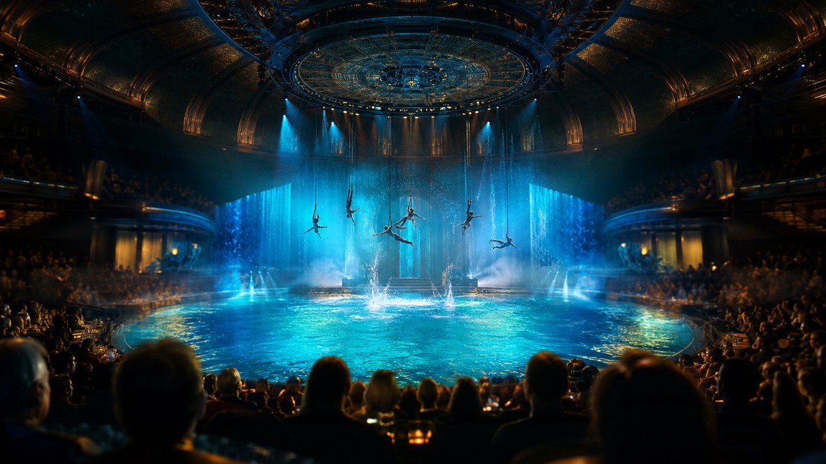Acrobats performing above a glowing aquatic stage in a dark Las Vegas theater
