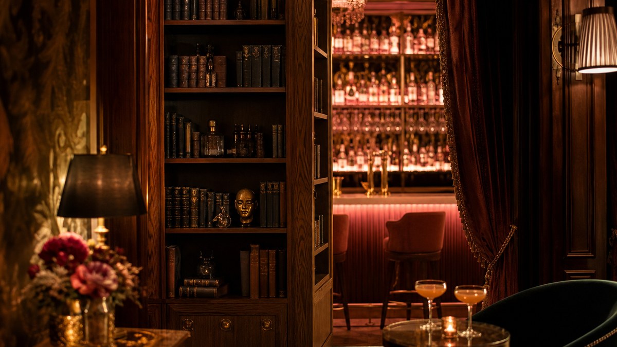 Vintage bookshelf door swung open to reveal a glowing amber cocktail bar, one of the best speakeasies in Las Vegas