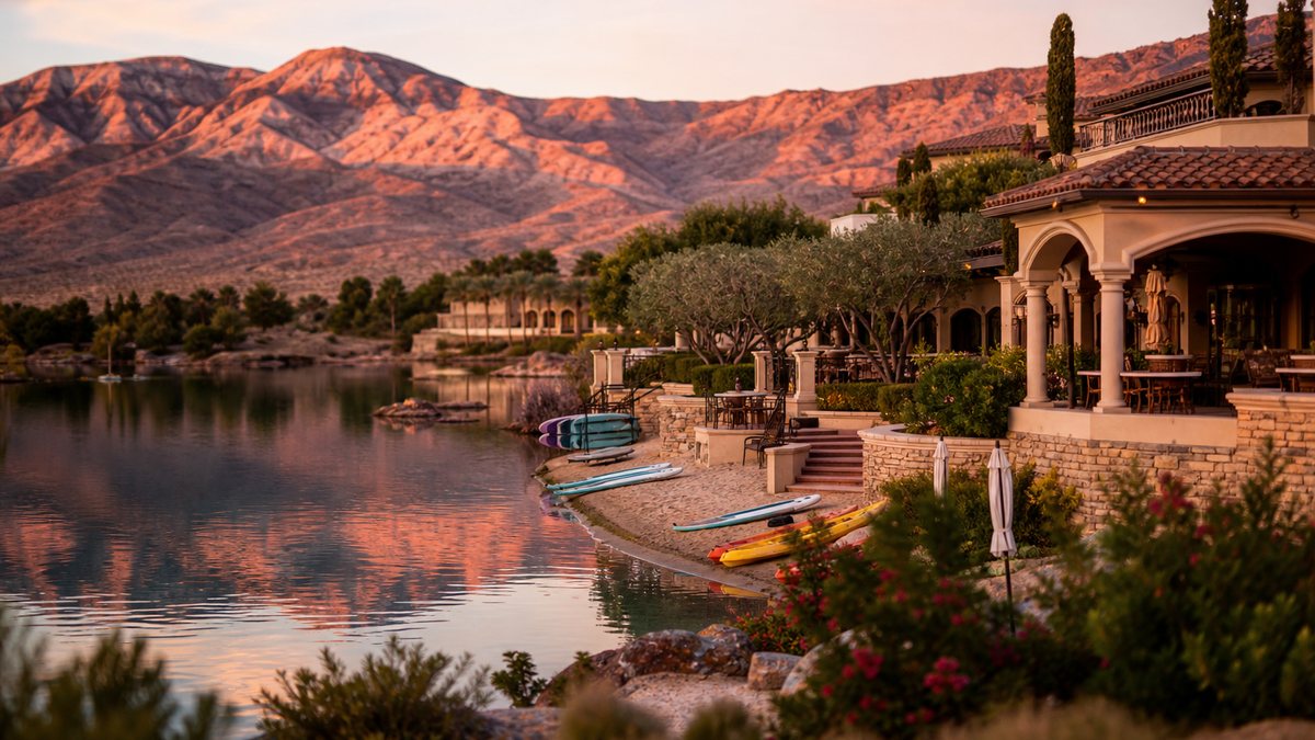 Mediterranean-style lakeside resort with kayaks on a private beach at sunset at Lake Las Vegas in Henderson