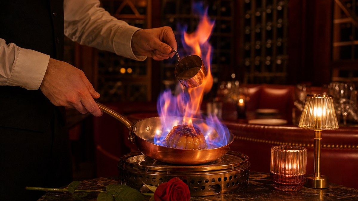 Waiter flambéing a dessert tableside in a dim, wood-paneled vintage Las Vegas dining room for a couple's anniversary dinner