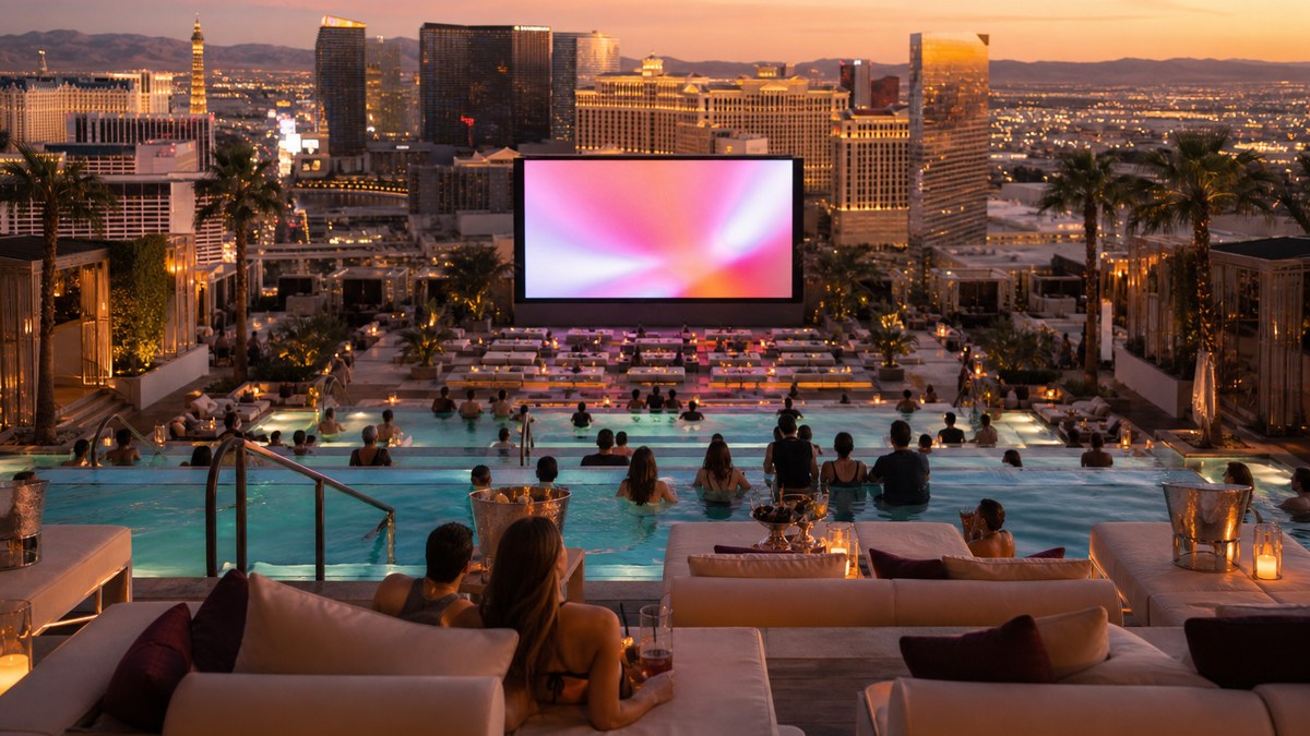 Rooftop resort pool amphitheater with a giant outdoor screen and daybeds in Las Vegas