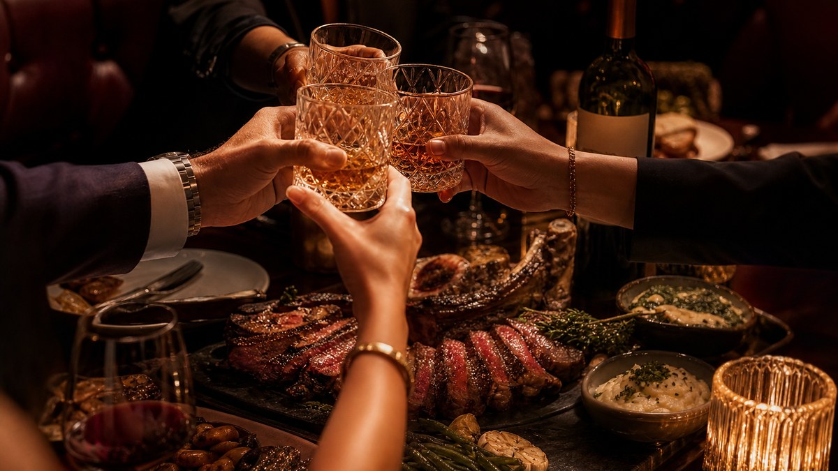 Group dinner table at a dark, upscale Las Vegas steakhouse with whiskey glasses raised for a toast