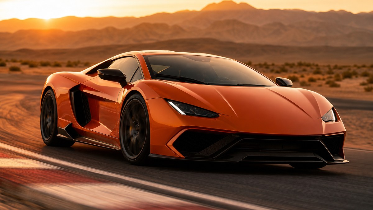 Exotic supercar on a desert racetrack at golden hour during a Las Vegas driving experience