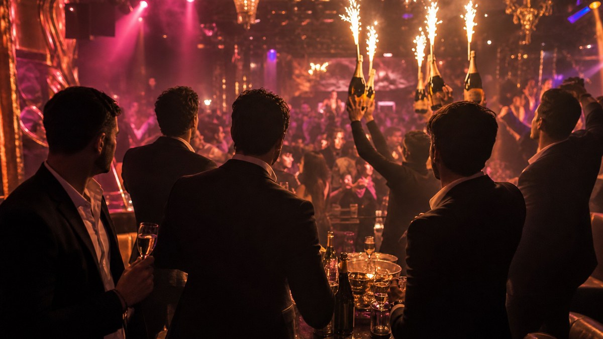 Las Vegas bachelor party group celebrating at a VIP nightclub table with champagne sparklers