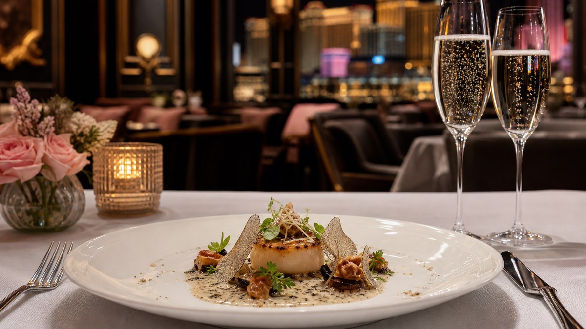 Two glasses of champagne beside an elegant French tasting-menu course on a white tablecloth in a luxury Las Vegas restaurant