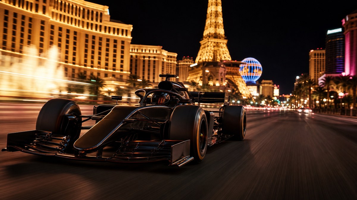 Formula 1 style race car blurring past glowing Las Vegas Strip resorts at night during the Las Vegas Grand Prix