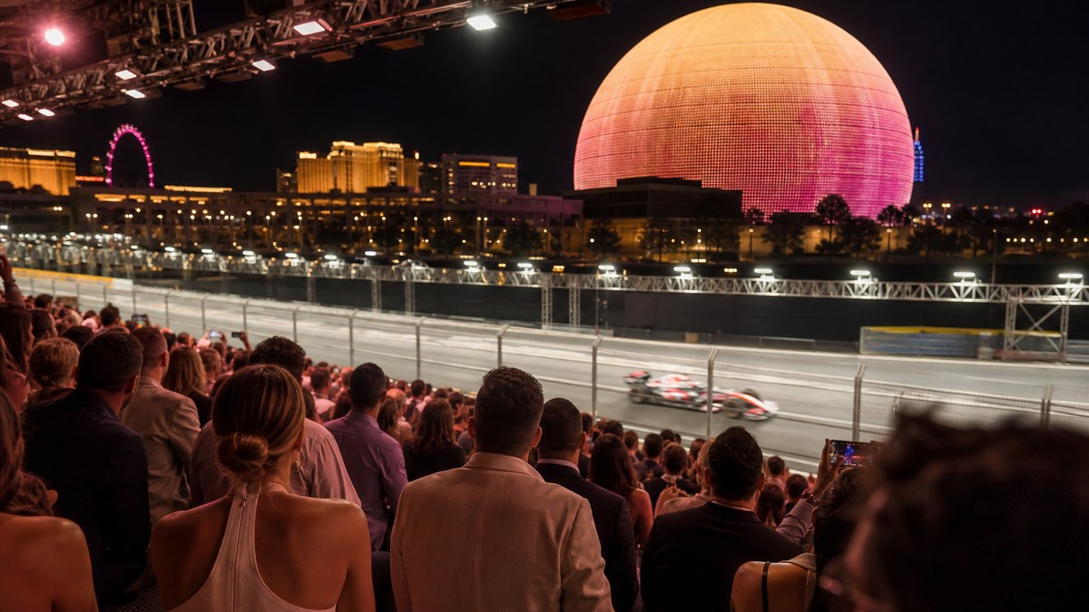 Grandstand crowd watching a night street race under bright lights with a glowing spherical venue in the background in Las Vegas