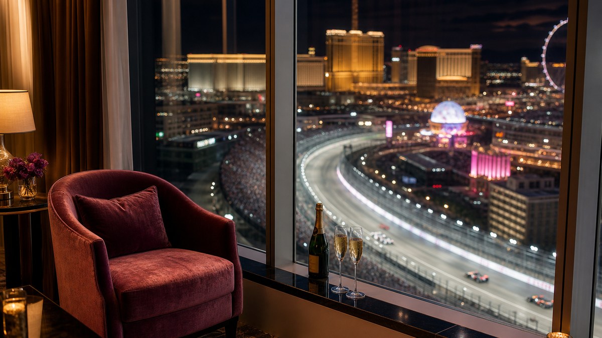 Luxury Las Vegas hotel suite window overlooking a lit street circuit and the Strip at night with champagne on the sill