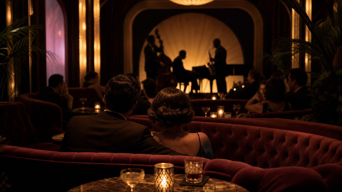 Intimate 1920s-style hidden lounge in Las Vegas with velvet booths, candlelit tables and a jazz trio