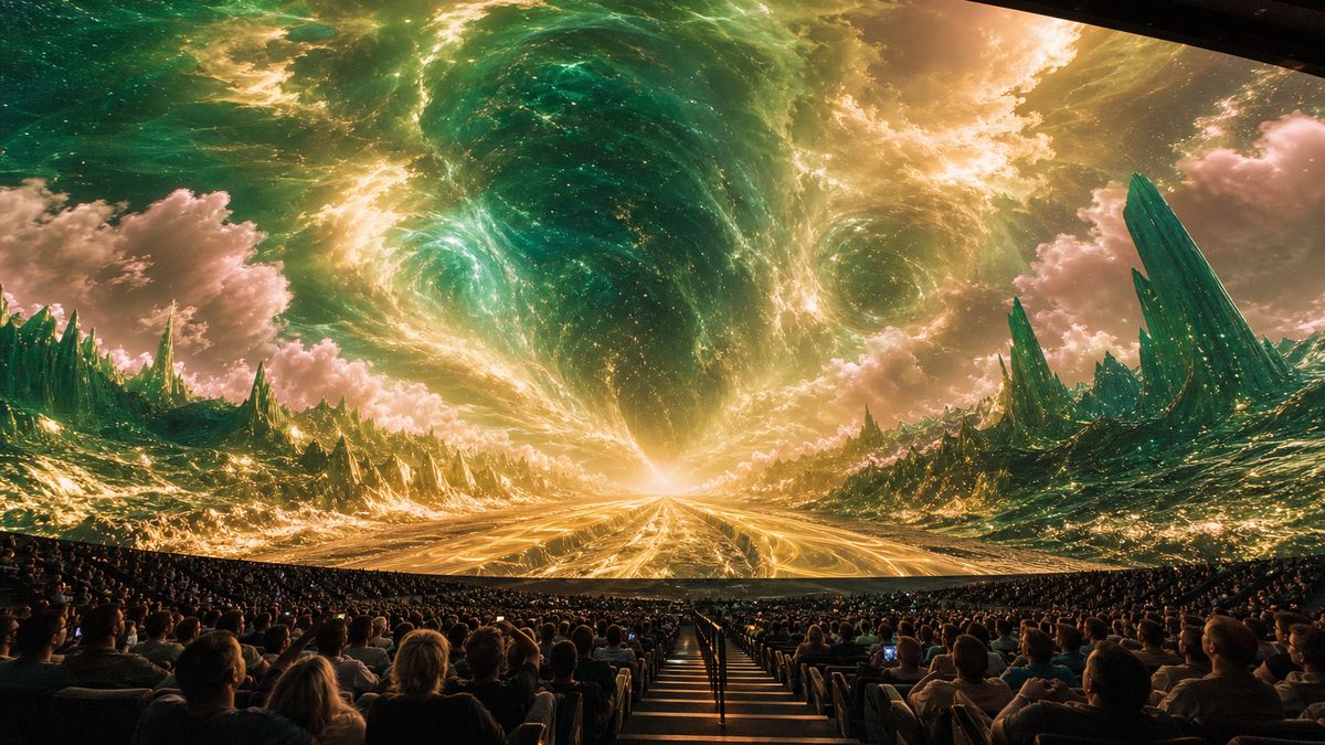 Audience silhouettes watching a giant immersive dome screen glowing with color in Las Vegas