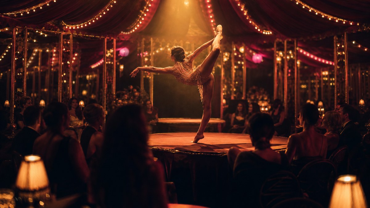Intimate circus tent stage with an acrobat under a warm spotlight and audience seated close around it