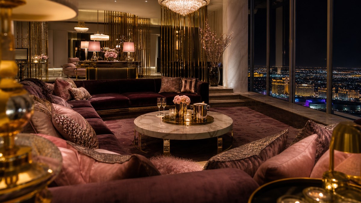 Elegant luxury hotel suite living room with a sunken lounge and city lights through tall windows in Las Vegas