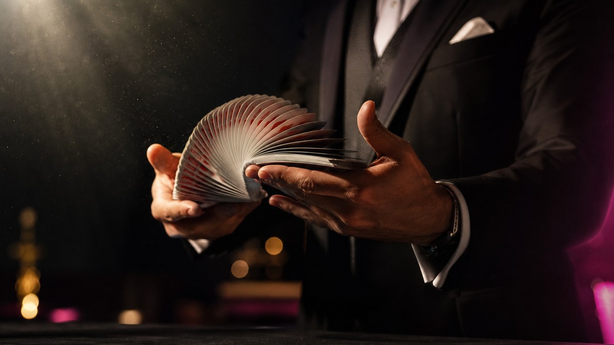 Magician's hands fanning playing cards under a dramatic spotlight on a dark stage
