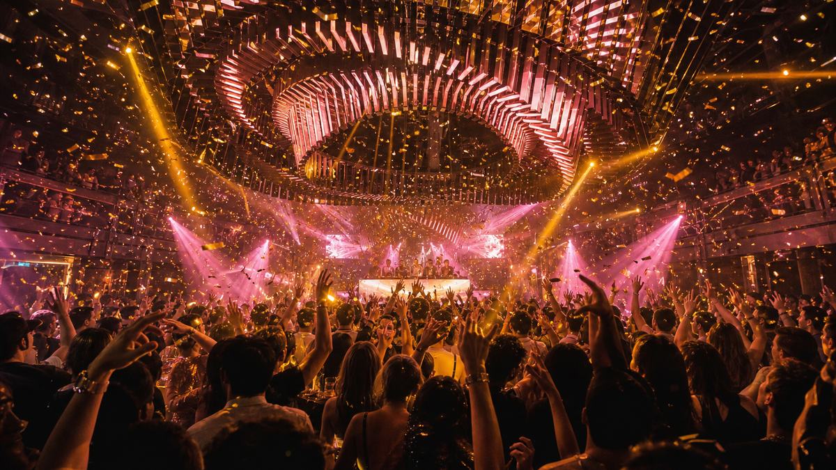 Packed Las Vegas nightclub dance floor under a kinetic lighting rig with a DJ booth
