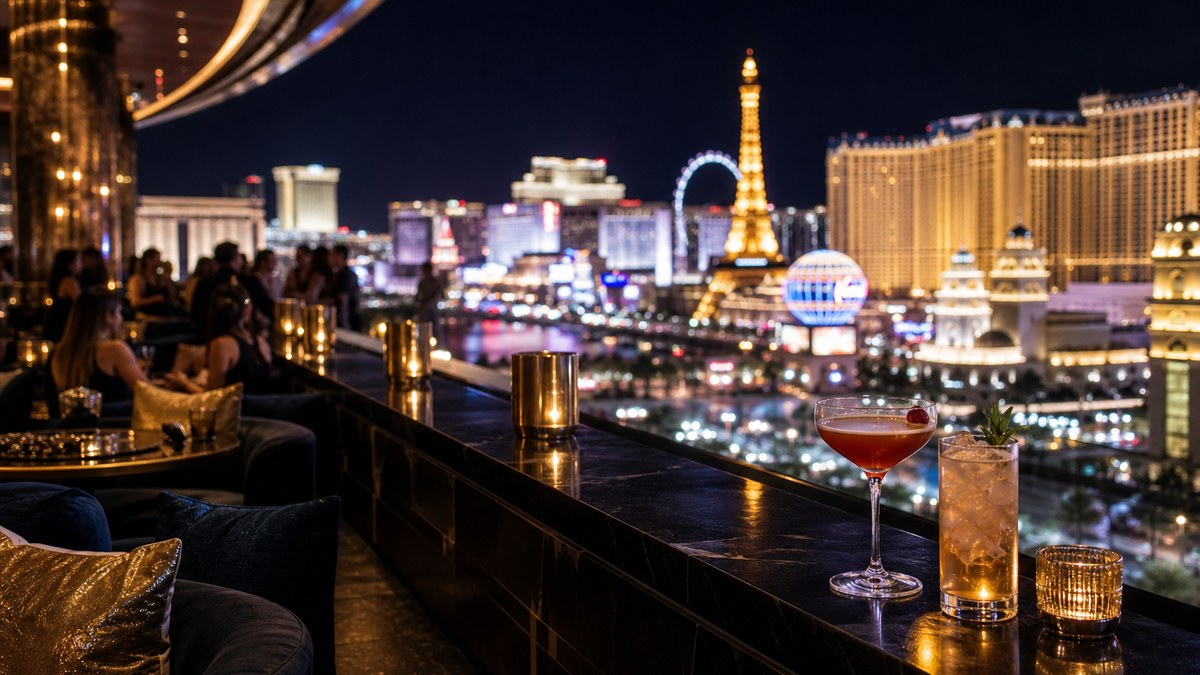 Nightclub terrace overlooking the Las Vegas Strip lights at night