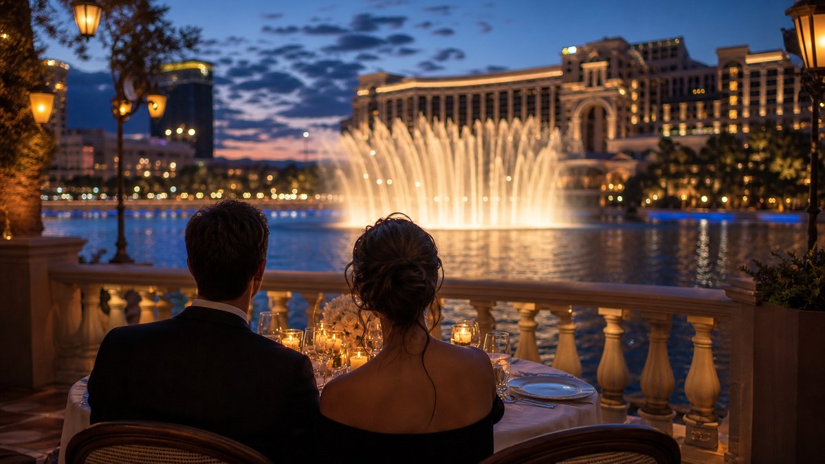 Couple seen from behind at a candlelit terrace dinner overlooking a lake with dancing fountains at dusk in Las Vegas