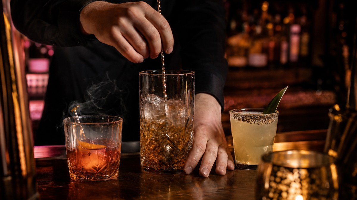 Bartender stirring a cocktail in a crystal mixing glass at a Las Vegas speakeasy, with a smoked old fashioned and mezcal cocktail