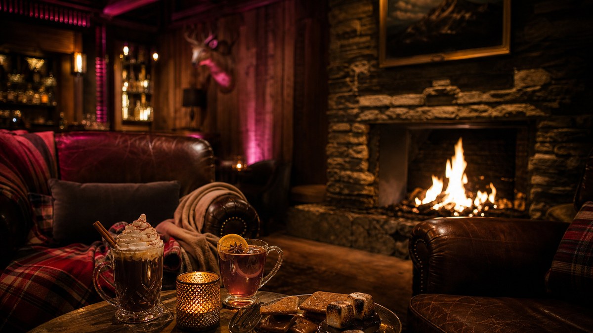 Cozy cabin-style hidden bar in Las Vegas with a stone fireplace, leather armchairs and warm cocktails