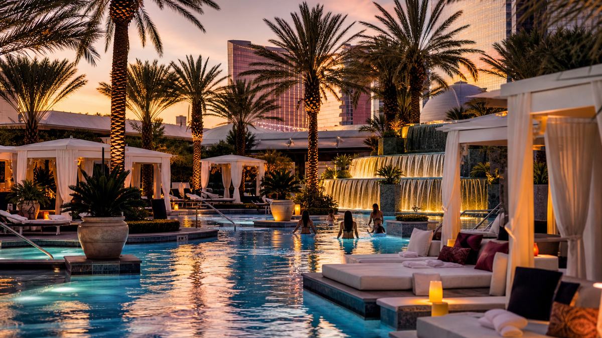 Resort pool complex with palm trees, cabanas and a waterfall on the Las Vegas Strip in warm afternoon light