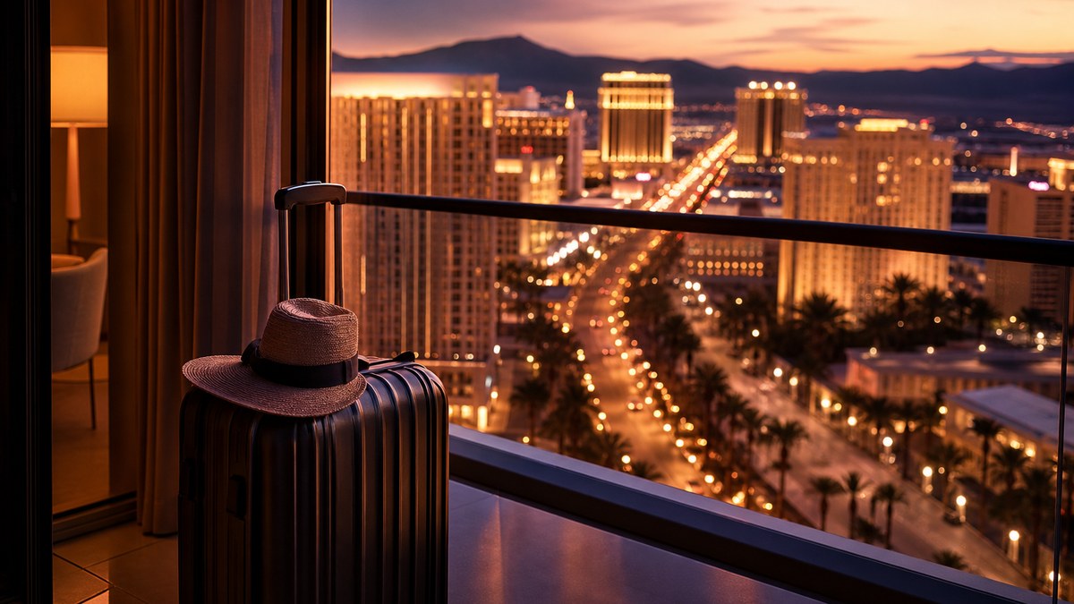 Las Vegas Strip resort towers glowing at twilight seen from a hotel balcony with a suitcase and city view