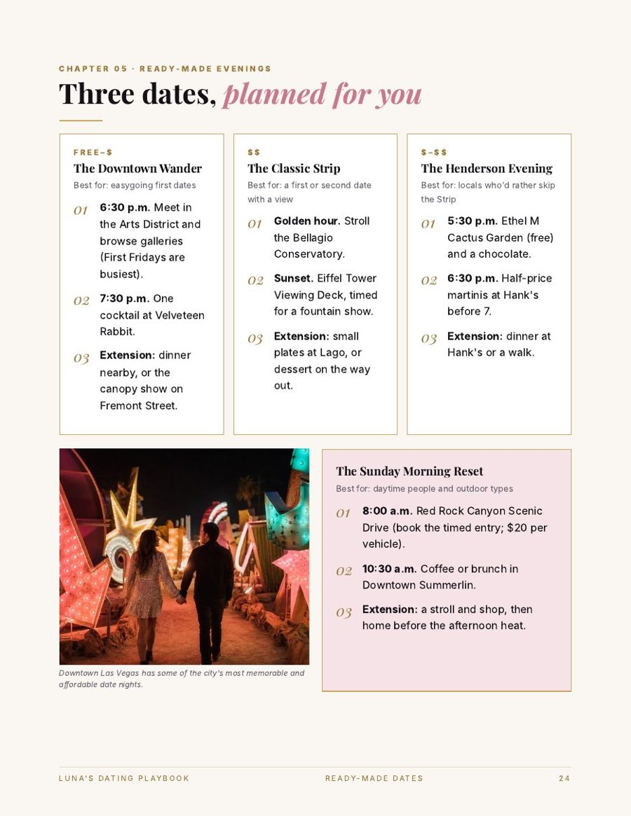 Sample page: three ready-made date evenings