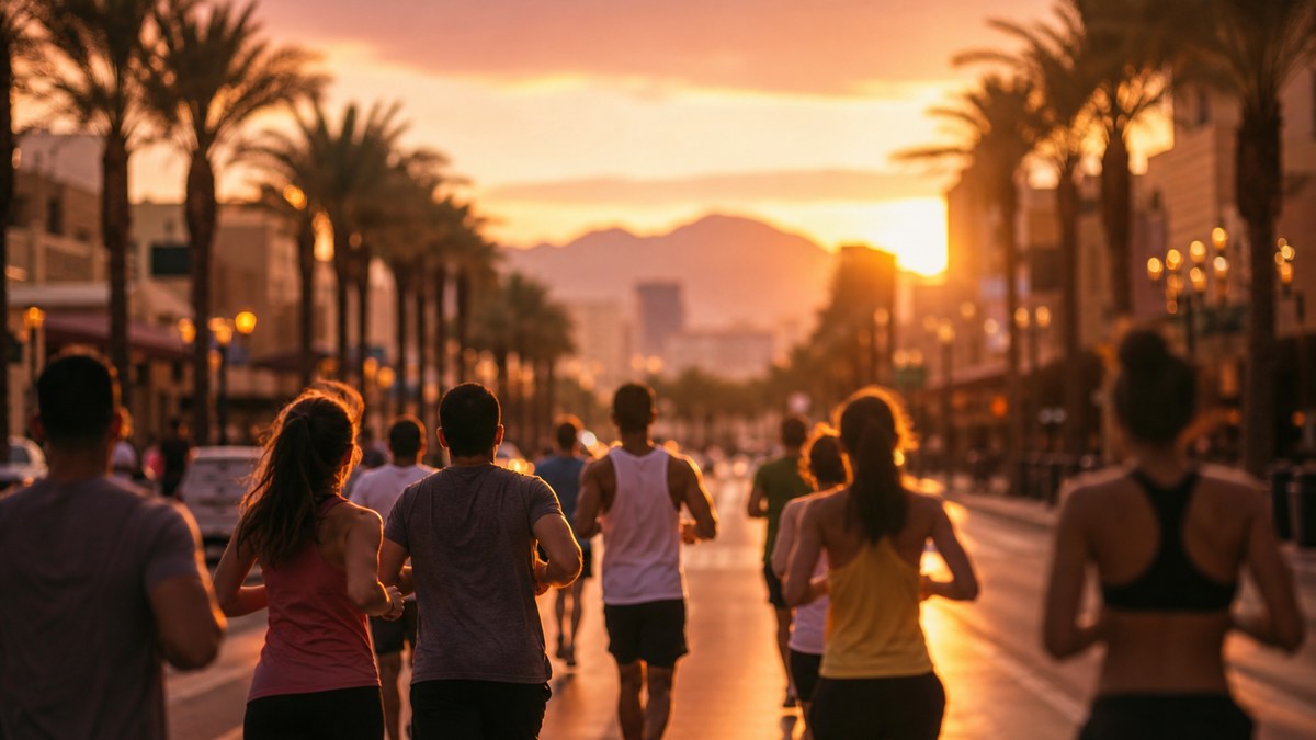 Group of runners jogging together along a palm-lined Las Vegas street at sunrise