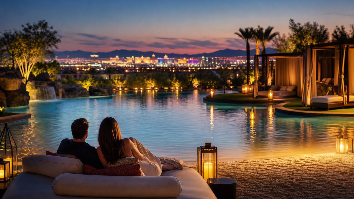 Beach-entry resort pool with cabanas and the distant Las Vegas Strip skyline at dusk from an off-Strip Henderson resort