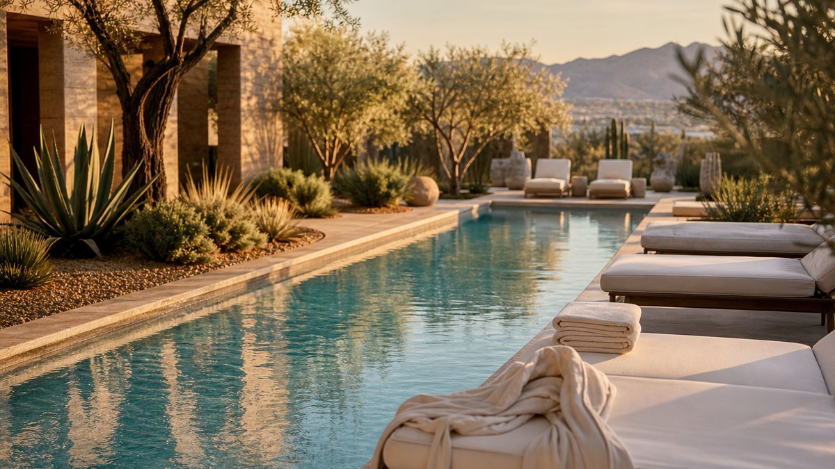 Quiet resort spa courtyard with a lap pool and desert garden at an off-Strip Las Vegas resort