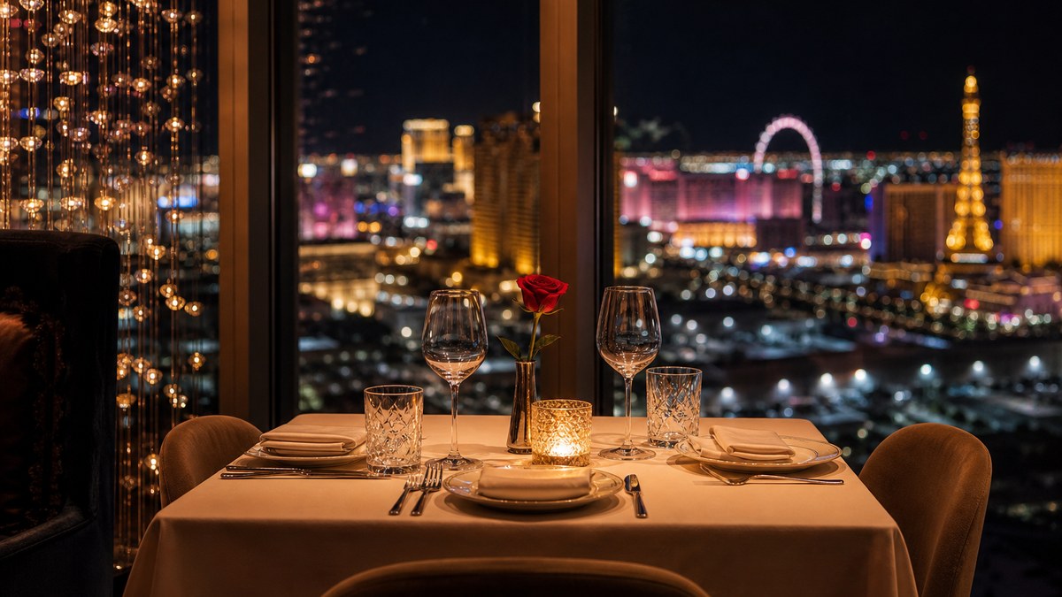 Candlelit table for two by a window overlooking the glowing Las Vegas Strip at night, one of the most romantic restaurants in Las Vegas